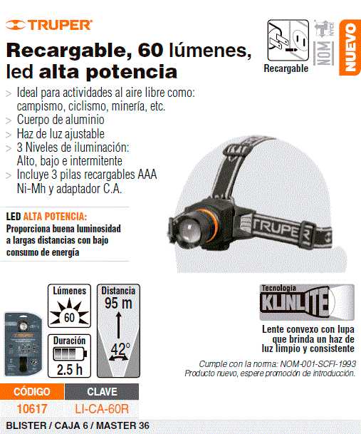 Linterna para cabeza de1 Led, 60 lÃºmenes, recargable Clave-LI-CA-60R –  HEMUSA